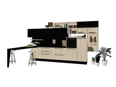 Modern Kitchen With Black And White Wooden Cabinets Island And Plants 3d model
