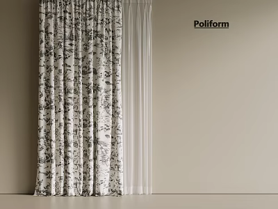 Poliform Curtains With Black Floral Pattern And Sheer White Design For Light Wall Room 3d model