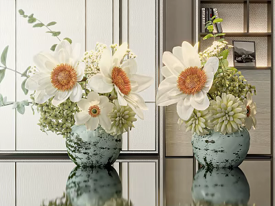 Two Light Blue Mottled Vases With White Petals Orange Centers Flowers On Reflective Black Table 3d model