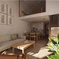 Modern Minimalist Apartment Open Layout Living Room Sofa Dining Table Wooden Staircase Natural Light