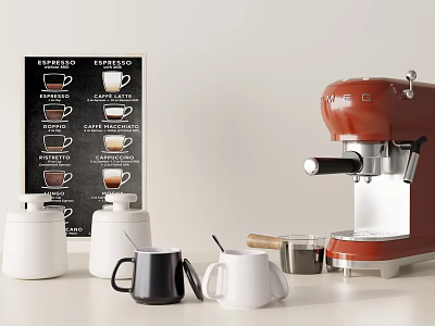 Red Espresso Machine With White And Black Mugs On Kitchen Counter With Coffee Types Poster 3d model