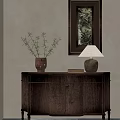 Rustic Entryway Console Table With Decorative Mirror Table Lamp And Potted Plant On Wooden Cabinet