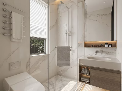 Modern Bathroom Interior With Marble Walls Glass Shower Vanity Mirror And Towel Rack 3d model