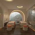 Serene SPA Sauna Interior With Hanging Bathrobes Arched Windows And Massage Tables