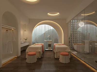 Serene SPA Sauna Interior With Hanging Bathrobes Arched Windows And Massage Tables 3d model