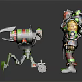 Green Red Armored Warrior With Yellow Skin And Green Legged Red Core Mechanical Spider Creature