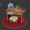 Elegant Wooden Dressing Table With Round Mirror Bottles Red Box And Stool On Red Rug