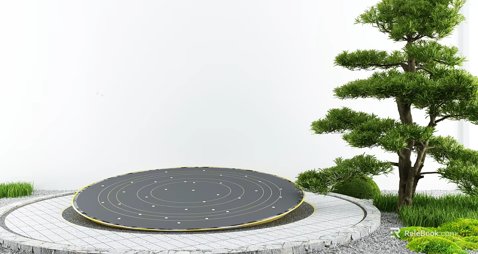 Garden Courtyard Featuring Circular Trampoline Stone Pavement Pine Tree And Small Shrubs 3d model 