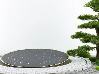 Garden Courtyard Featuring Circular Trampoline Stone Pavement Pine Tree And Small Shrubs 3d model