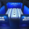 Formal Conference Room Setting With Long Table White Chairs And Blue Backdrop 3d model