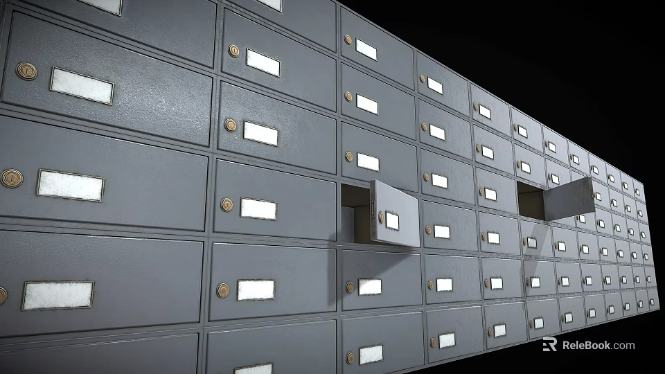 Gray Metal File Cabinets With Multiple Drawers Some Partially Open And Label Slots 3d model 