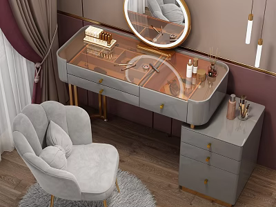 Modern Elegant Dressing Table with Glass Top Gray Drawers and Round Mirror Chair Cosmetics 3d model