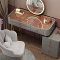 Modern Elegant Dressing Table with Glass Top Gray Drawers and Round Mirror Chair Cosmetics