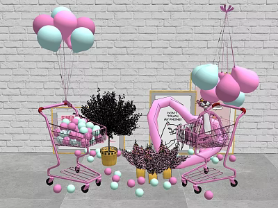 Inflatable Balloons Display With Pink Shopping Carts Decorative Tree And Frames 3d model
