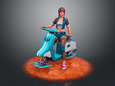 Game Movie Character Wearing Goggles Riding Blue Scooter On Orange Ground With Rocks 3d model