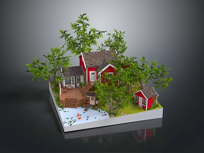 Miniature Model Scene With Red House Small Cabin Green Trees Wooden Steps And Pond 3d model