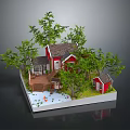 Miniature Model Scene With Red House Small Cabin Green Trees Wooden Steps And Pond