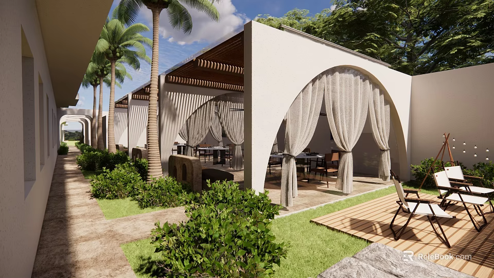 Elegant Outdoor Cabana Space With Palm Trees Arched Curtains And Dining Seating 3d model 