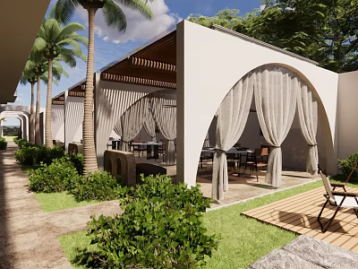 Elegant Outdoor Cabana Space With Palm Trees Arched Curtains And Dining Seating 3d model
