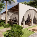 Elegant Outdoor Cabana Space With Palm Trees Arched Curtains And Dining Seating