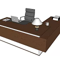 Wooden Office Desk With Brown Leather Chair Laptop Table Lamp Coffee Mug Books And Notebook