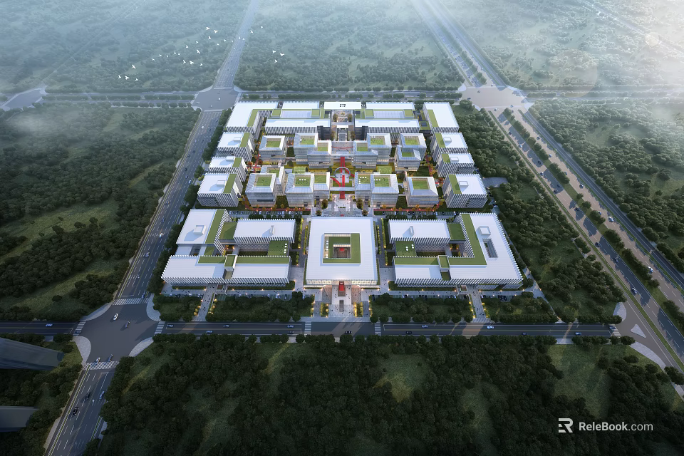 Aerial View Of Modern Industrial Park With Central Buildings And Green Surroundings 3d model 