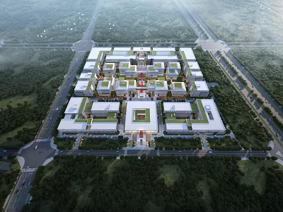 Aerial View Of Modern Industrial Park With Central Buildings And Green Surroundings 3d model