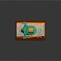 Green Whale in Transparent Cube with Small House on Back Colorful Fish and Orange Base
