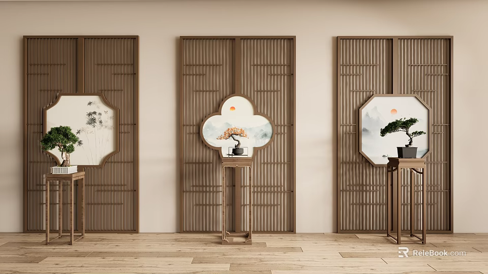 Traditional Chinese Wooden Lattice Partition With Round Sector Artworks And Potted Plant 3d model 