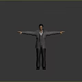 Man Standing with Outstretched Arms Wearing Gray Coat Black Vest Blue Shirt in Gray Background