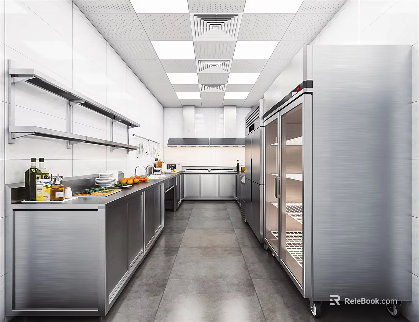 Commercial Kitchen Design With Stainless Steel Workstations Shelves And Lighting 3d model 