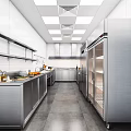 Commercial Kitchen Design With Stainless Steel Workstations Shelves And Lighting