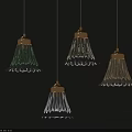 Modern Pendant Lights With Green Clear Beige Pleated Shades And Gold Bases On Dark Wall