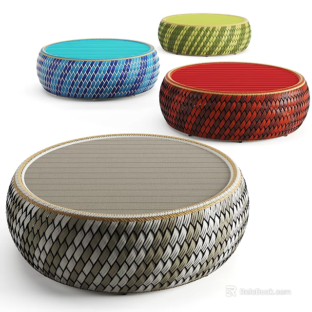 Round Woven Stools In Various Colors With Patterned Design For Home Decor 3d model 