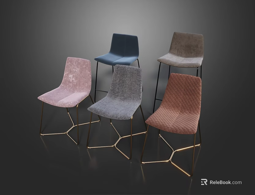 Five Modern Accent Chairs Upholstered in Pink Blue Gray Brown Fabric with Geometric Metal Legs 3d model 