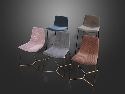 Five Modern Accent Chairs Upholstered in Pink Blue Gray Brown Fabric with Geometric Metal Legs 3d model