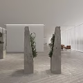 Minimalist Interior Space With Stone Pillars Green Plants White Walls And Wooden Furniture