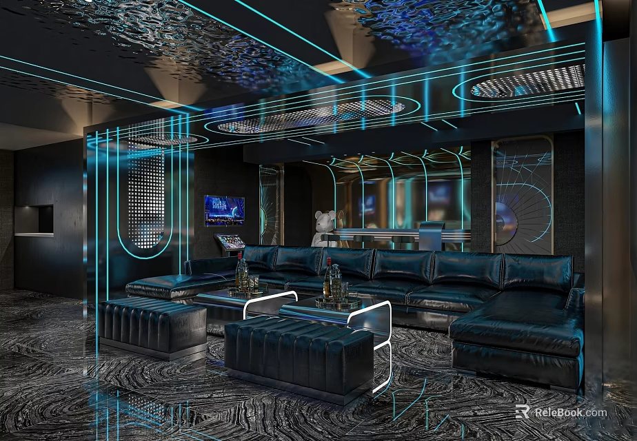 Modern KTV Interior Design With Black Sofas Blue Lighting And TV Screen 3d model