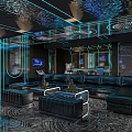 Modern KTV Interior Design With Black Sofas Blue Lighting And TV Screen 3d model