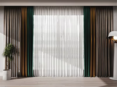 Layered Modern Curtains With White Sheer And Dark Velvet Panels In Interior With Plant And Lamp 3d model