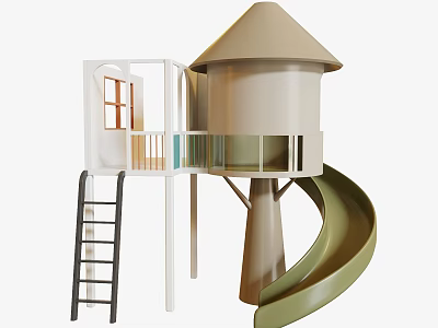 Kids Treehouse Style Play Equipment With Green Slide Ladder Balcony And Window 3d model