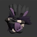 3D Female Character With Purple Long Hair Headpiece Dark Outfit High Heels On Gray Background
