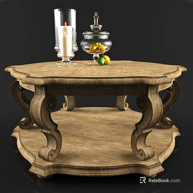Vintage Wooden Coffee Table With Ornate Legs Candle Holder And Fruits 3d model 