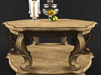 Vintage Wooden Coffee Table With Ornate Legs Candle Holder And Fruits 3d model