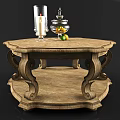 Vintage Wooden Coffee Table With Ornate Legs Candle Holder And Fruits