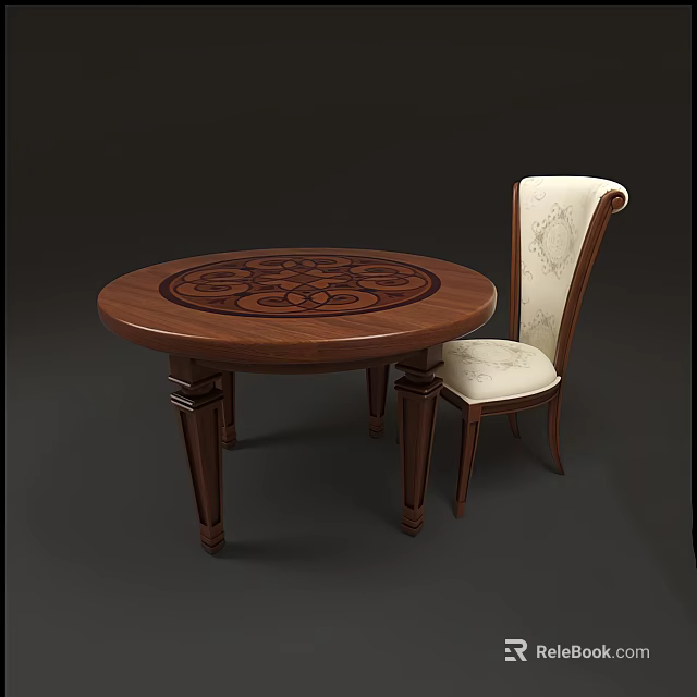 Round Wooden Dining Table Set With Carved Tabletop And Beige Patterned Upholstered Chair 3d model 