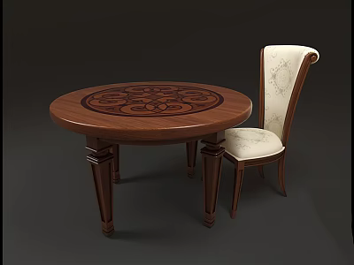 Round Wooden Dining Table Set With Carved Tabletop And Beige Patterned Upholstered Chair 3d model