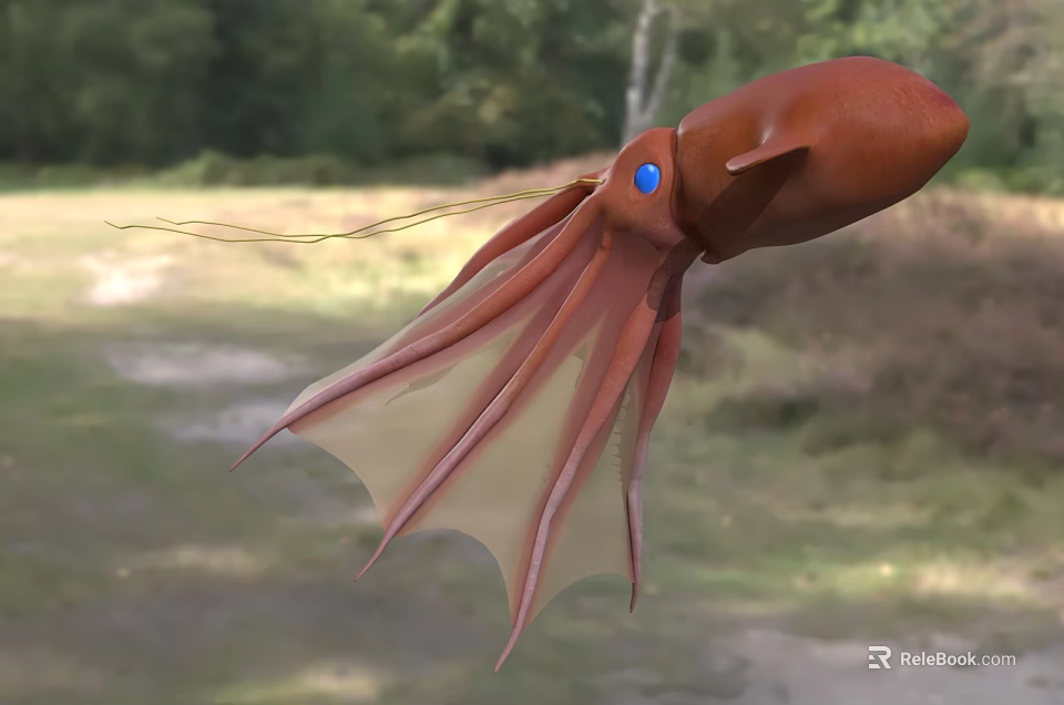 Brown Aquatic Squid With Blue Eyes And Long Tentacles Floating In Natural Habitat 3d model 