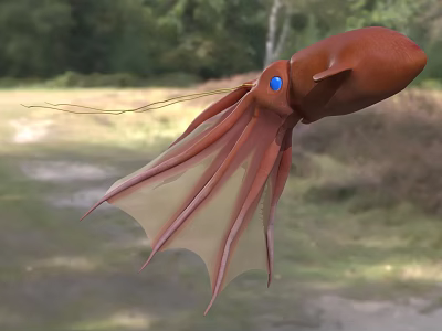 Brown Aquatic Squid With Blue Eyes And Long Tentacles Floating In Natural Habitat 3d model