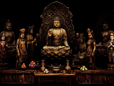 Traditional Buddha Sculpture Display With Central Figure Surrounding Statues Offerings And Vases 3d model